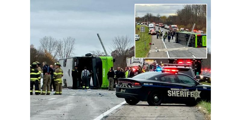 Dozens injured when tour bus overturns en route to Niagara Falls, shutting down parts of I-490