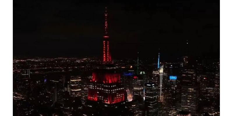 Liberal outrage as iconic NYC landmark sparkles red to celebrate Donald Trump's victory in North Carolina