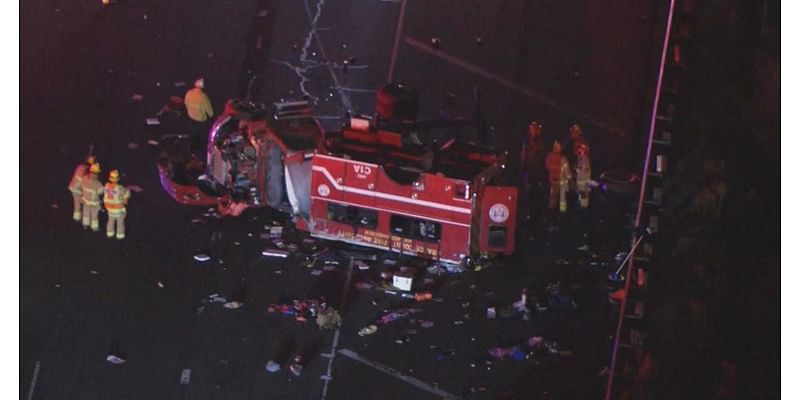 8 firefighters injured in fire truck rollover on Southern California freeway