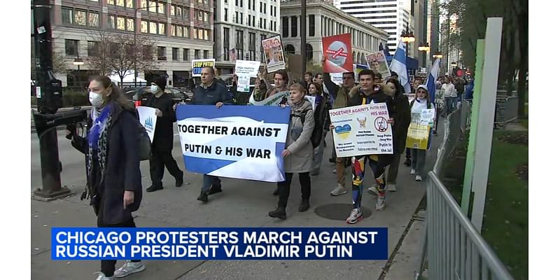 Protesters march along Michigan Avenue to oppose Russia's war in Ukraine