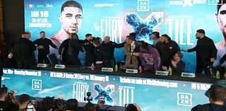 John Fury THROWS a glass of water at Darren Till as the former UFC star's press conference with Tommy Fury descends into chaos - as Liverpudlian threatens to 'kick him in the face'