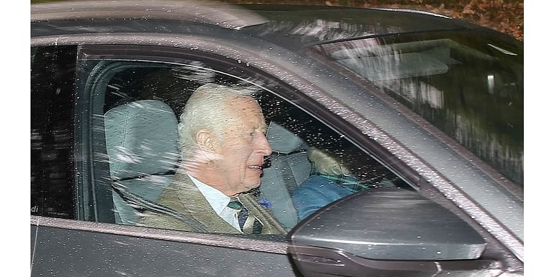 King Charles beams despite rainy weather as he and Queen Camilla drive to Crathie Kirk