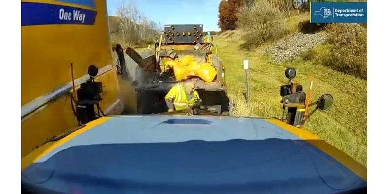 WATCH: Road worker narrowly dodges truck on NY highway