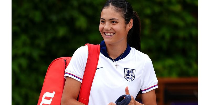 Emma's Euros fever! Raducanu wears her England kit to Wimbledon practice - and carries a personalised £2,400 Christian Dior bag - as she gets set for Slovakia clash and her return to SW19