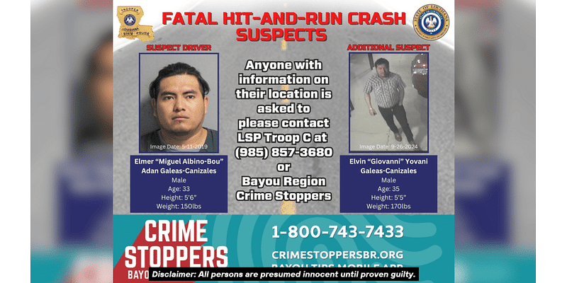 Three arrested, two wanted in fatal Terrebonne Parish hit-and-run crash