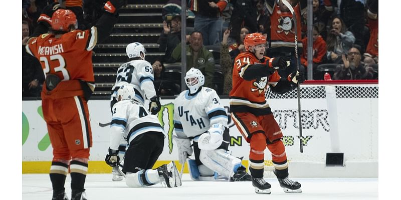 Leo Carlsson scores in OT, and the Ducks beat Utah 5-4 for their 9th straight home opener victory