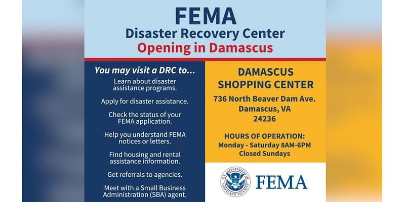 Disaster Recovery Center opening in Damascus, Va.