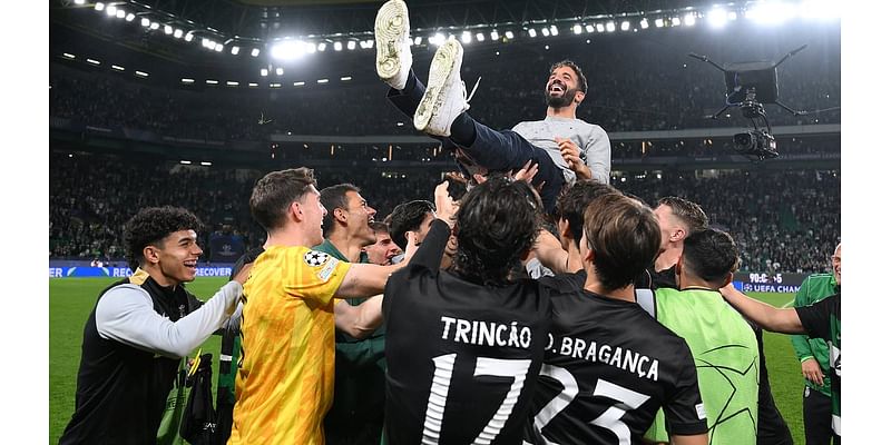 Ruben Amroim shares emotional goodbye with Sporting Lisbon fans after thrashing Man City in his final home game before joining Man United - as his players throw him into the air!