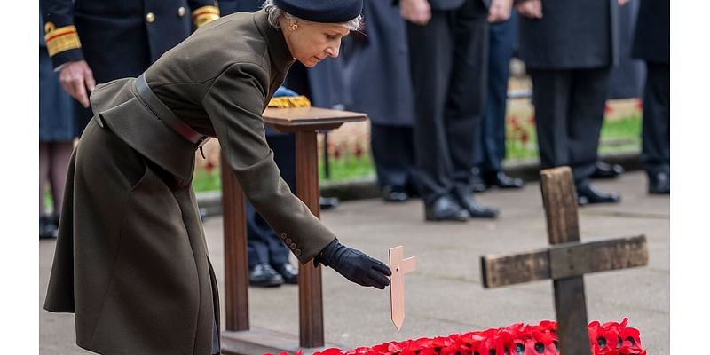 Duchess of Gloucester is sombre as she attends the Field of Remembrance at Westminster Abbey in place of Queen Camilla