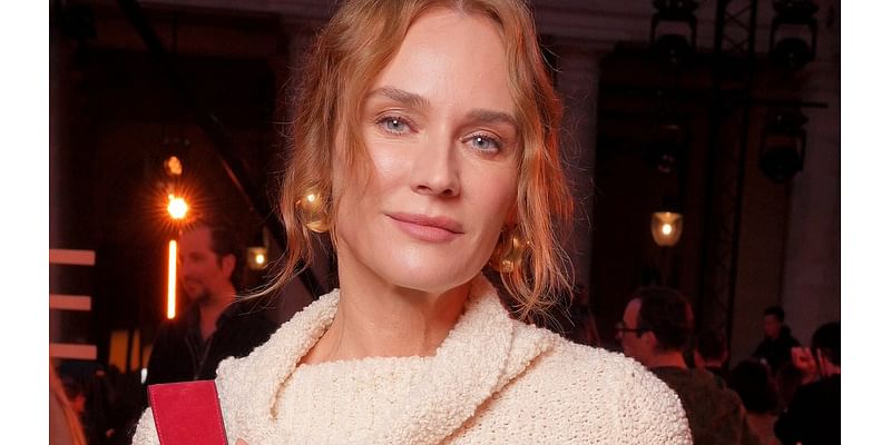 Diane Kruger rocks a cream roll-neck jumper dress and leopard print tights while Kate Bosworth stuns in a brown leather co-ord at the Isabel Marant show during Paris Fashion Week