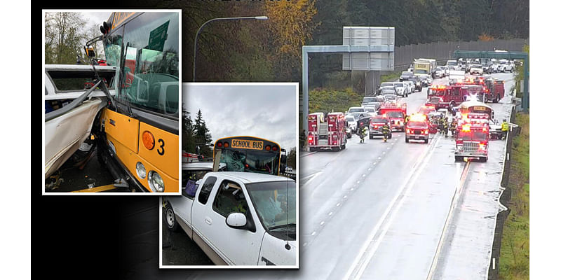 School bus, pickup truck crash closes southbound I-405 in Bothell