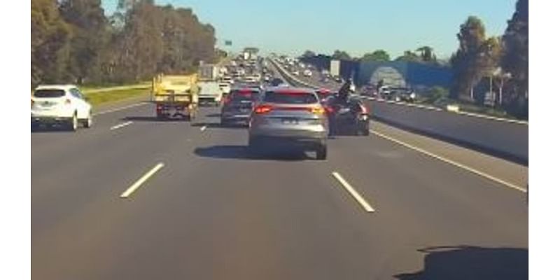 Motorcyclist's one-in-a-million escape from death after heart-stopping footage emerges of serious crash on Sydney's M5 Motorway