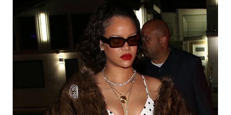 Rihanna puts on a busty display in a plunging polka dot dress and faux fur coat as she enjoys a late night dinner at her favourite LA restaurant