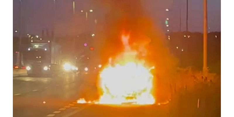 Terrifying moment father's new £29,000 Ford Ranger pick-up truck explodes into huge fireball after catching fire without warning on busy motorway