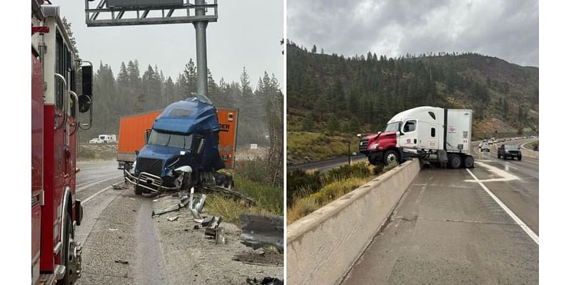 Two semi-trucks crash on I-80 from rain slicked roads