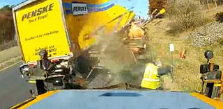 Video shows Penske truck slamming into vehicle, narrowly missing highway worker