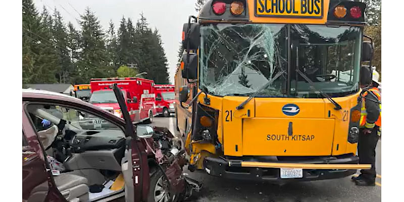 Dashcam video shows car crash into Kitsap County school bus in WA