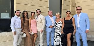 Michelle Keegan stuns in a textured mini dress as she joins husband Mark Wright and his glamorous sister Jess at Millie Bobby Brown and Jake Bongiovi's wedding