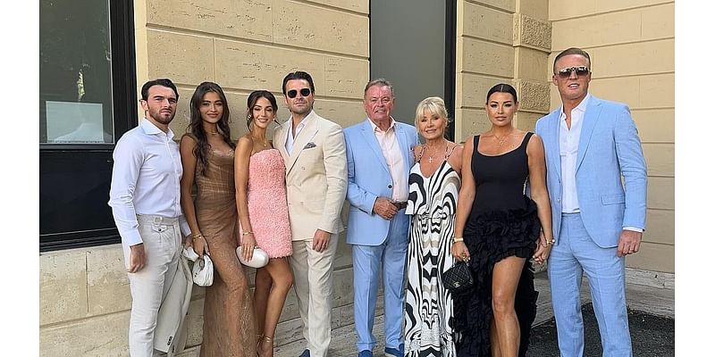 Michelle Keegan stuns in a textured mini dress as she joins husband Mark Wright and his glamorous sister Jess at Millie Bobby Brown and Jake Bongiovi's wedding