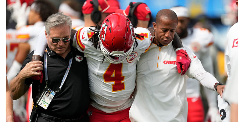 Chiefs wide receiver Rashee Rice carted off field after hit to knee