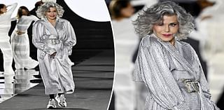 Jane Fonda struts her stuff for L’Oréal Paris runway in sparkling trench coat and sneakers