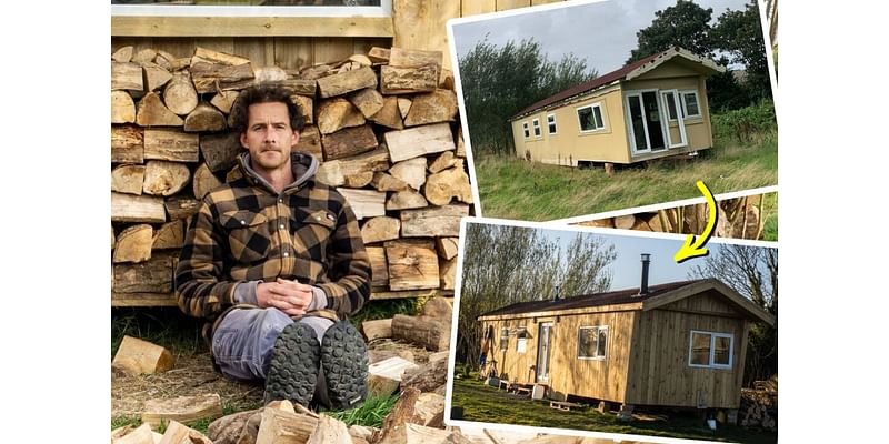 Man Converts Static Caravan Into Off-Grid Log Cabin for Just $12K