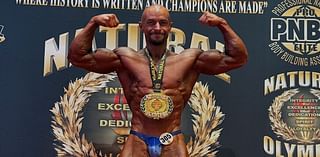 This champion bodybuilder who has just become the first British winner of a 'drug-free' Las Vegas event has a very famous father - can YOU guess who it is?