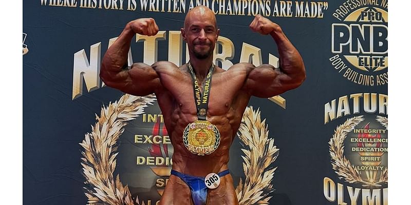 This champion bodybuilder who has just become the first British winner of a 'drug-free' Las Vegas event has a very famous father - can YOU guess who it is?