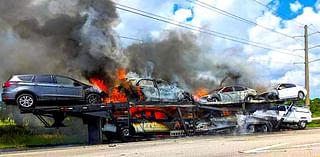 Brevard County Fire Rescue, Melbourne Fire Crews Douse Car Carrier Blaze on I