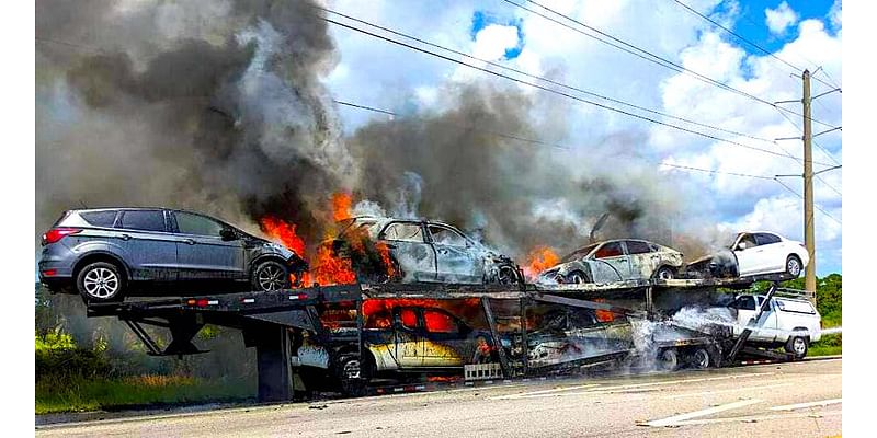 Brevard County Fire Rescue, Melbourne Fire Crews Douse Car Carrier Blaze on I