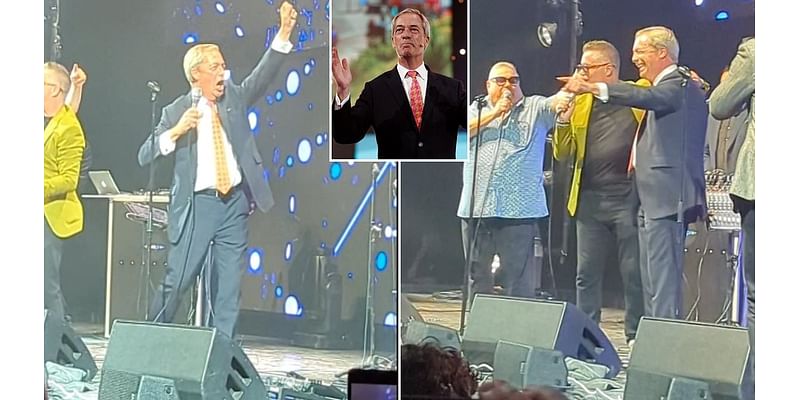 Nigel Farage sings and shows off his dad-dancing during boozy party at Reform UK's conference before asking: 'Do you reckon Starmer will do that?'