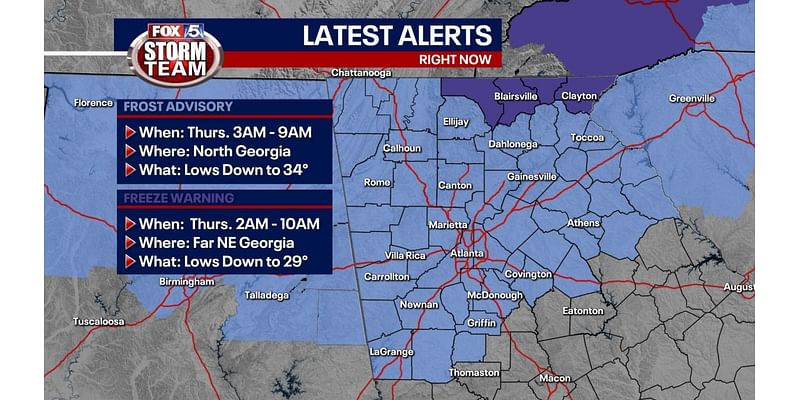 Frost Advisory for metro Atlanta; Freeze Warning for extreme north Georgia mountains