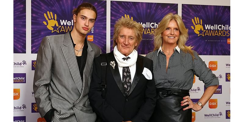 Sir Rod Stewart, 79, and leather-clad wife Penny Lancaster, 53, join son Alistair, 18, at WellChild Awards - after shutting down marriage 'rift' rumours