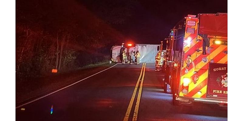 1 hospitalized after tractor-trailer overturns in Conway area