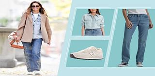 Katie Holmes Wore a Denim Shirt with Jeans and White Sneakers