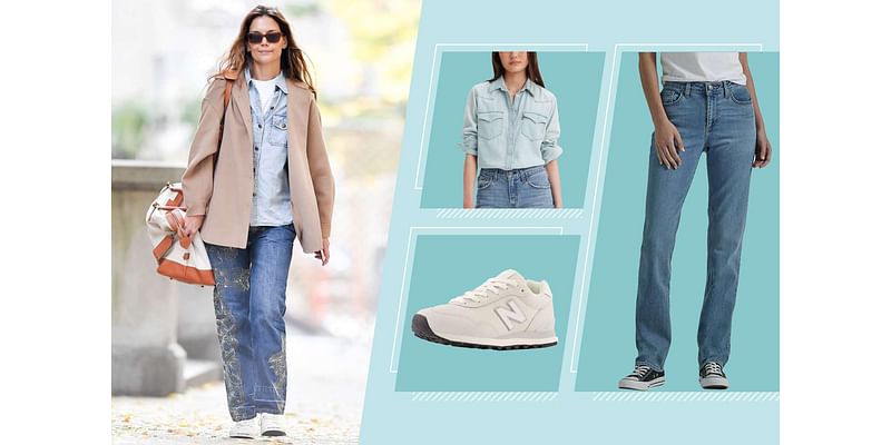 Katie Holmes Wore a Denim Shirt with Jeans and White Sneakers