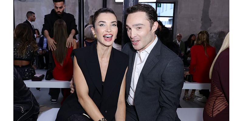 Newlyweds Ed Westwick and Amy Jackson look more loved-up than ever as they sit front row at the Elisabetta Franchi show during Milan Fashion Week