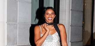 Rochelle Humes is dressed to impress in a spotted slip and textured houndstooth skirt as she leaves her hotel ahead of Paris Fashion Week