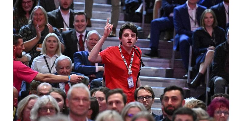 Heckler interrupts Labour conference (again): Keir Starmer jokes protester 'clearly had a pass from 2019 conference' as activist is dragged away during PM's keynote speech