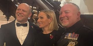 Mike and Zara Tindall don their finery as they beam at a charity rugby dinner with Nick Knowles