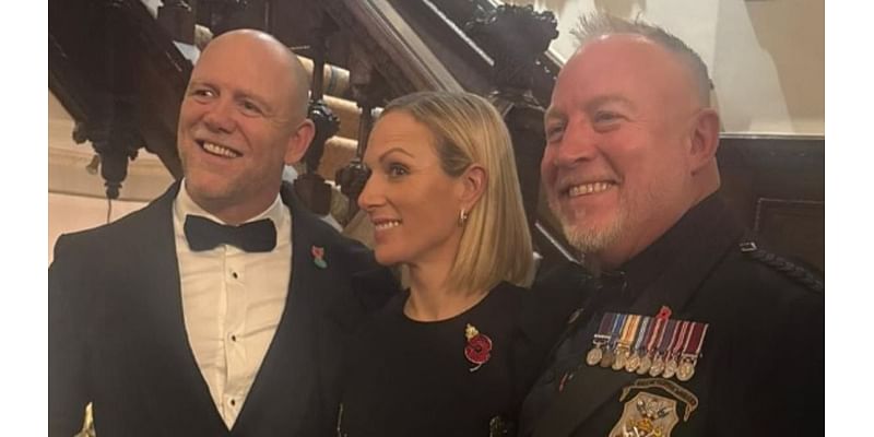 Mike and Zara Tindall don their finery as they beam at a charity rugby dinner with Nick Knowles