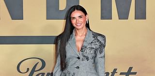 Demi Moore cuts a glamorous figure in grey floral blazer and skirt as she joins co-star Jon Hamm at Landman screening in London