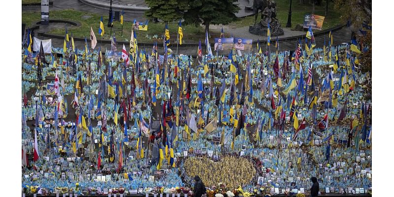 A makeshift memorial grows in Ukraine’s capital after 1,000 days of war