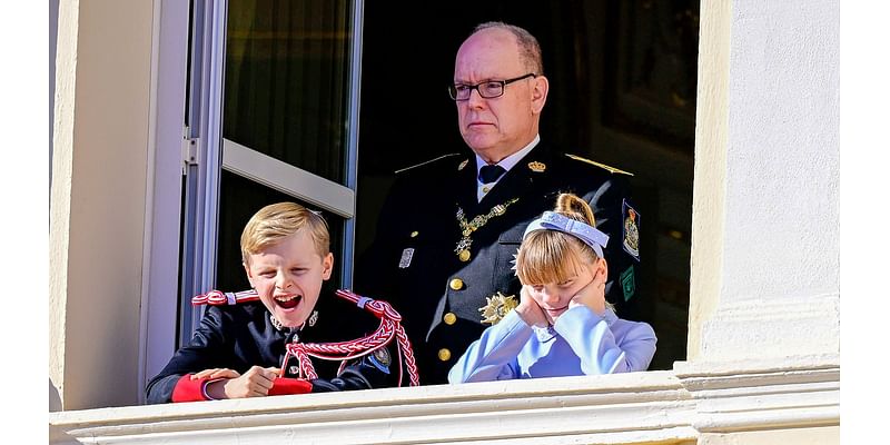 Prince Jacques and Princess Gabriella of Monaco, nine, rival Charlotte and Louis with their naughty antics on palace balcony during National Day