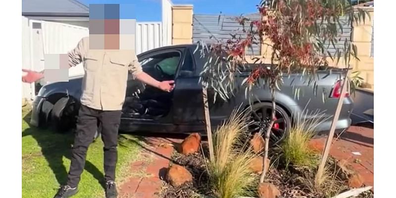 Driver's unbelievable response after he was filmed crashing into the front yard of a Perth house and stumbling out of his car
