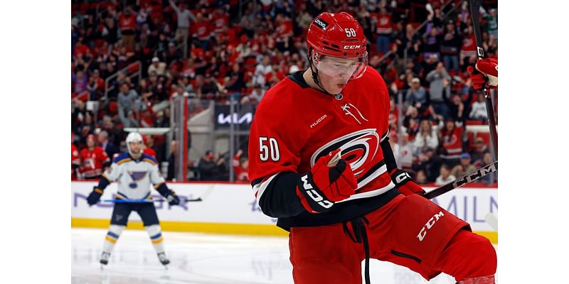 Necas scores twice in 4-point night as Hurricanes beat Blues 4-1