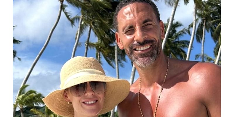 Kate Ferdinand showcases her toned curves in a black bikini and straw hat as she poses for a loved-up snap on the beach with husband Rio