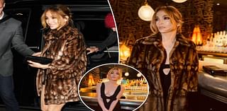 Jennifer Lopez pairs plunging bow–tied LBD with faux fur coat in London