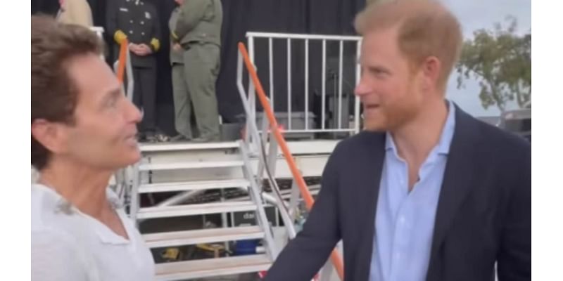 Awkward moment Richard Marx almost ignores Prince Harry at Kevin Costner's charity event - as 'sick' Meghan Markle stays home