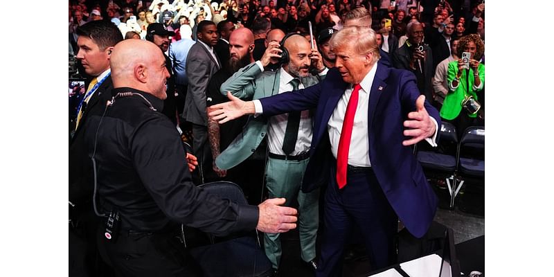 Trump & Joe Rogan Share A Victory Hug As Former & Future POTUS Attends UFC 309 At MSG